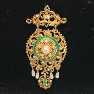 J13 Vintage Florenzia Gold-tone & Green Brooch